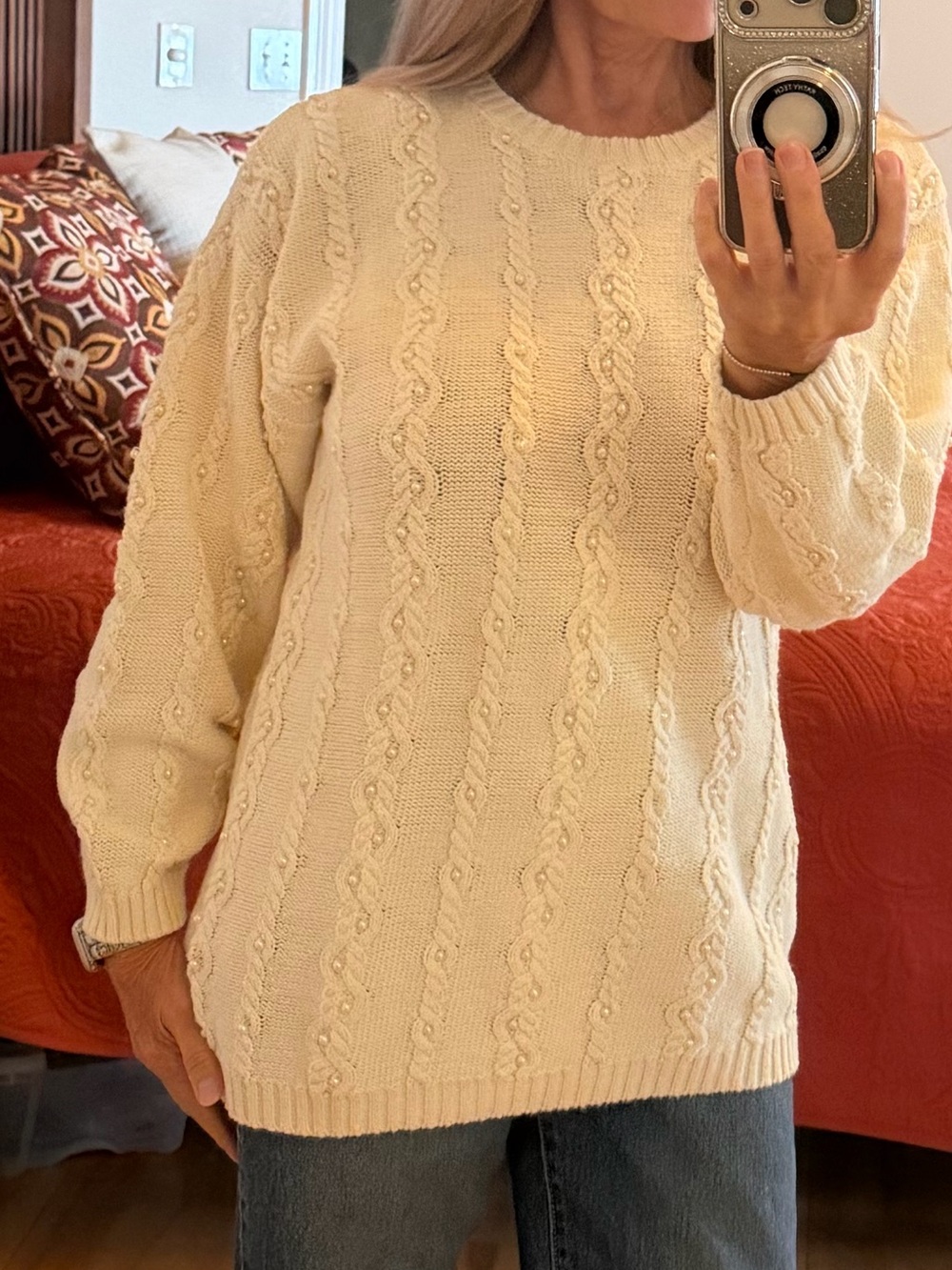 VTG 90s Leslie Fay Pearl Cable Knit Ramie Cotton Oversized Sweater Cottagecore S - Picture 14 of 15